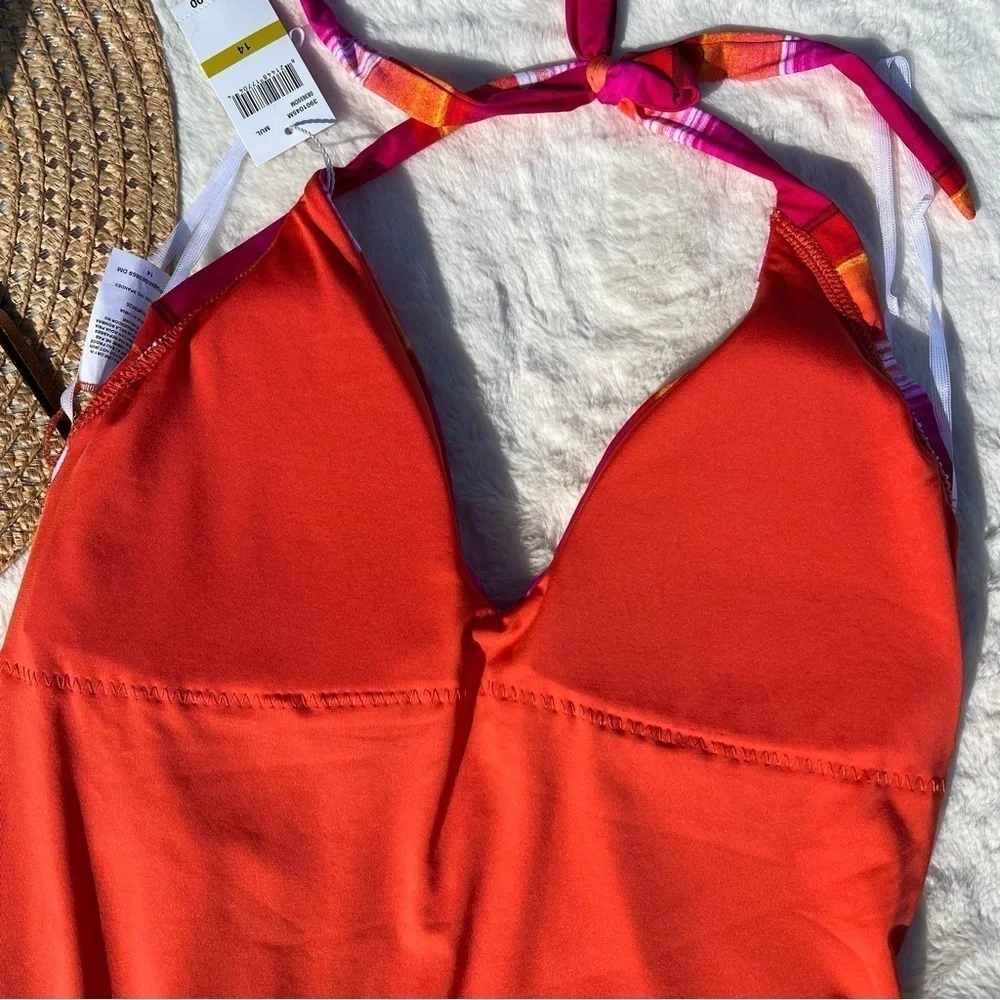 Trina Turk Solstice One Piece Swimsuit Size 14 Pink Orange Stripe Halter NWT